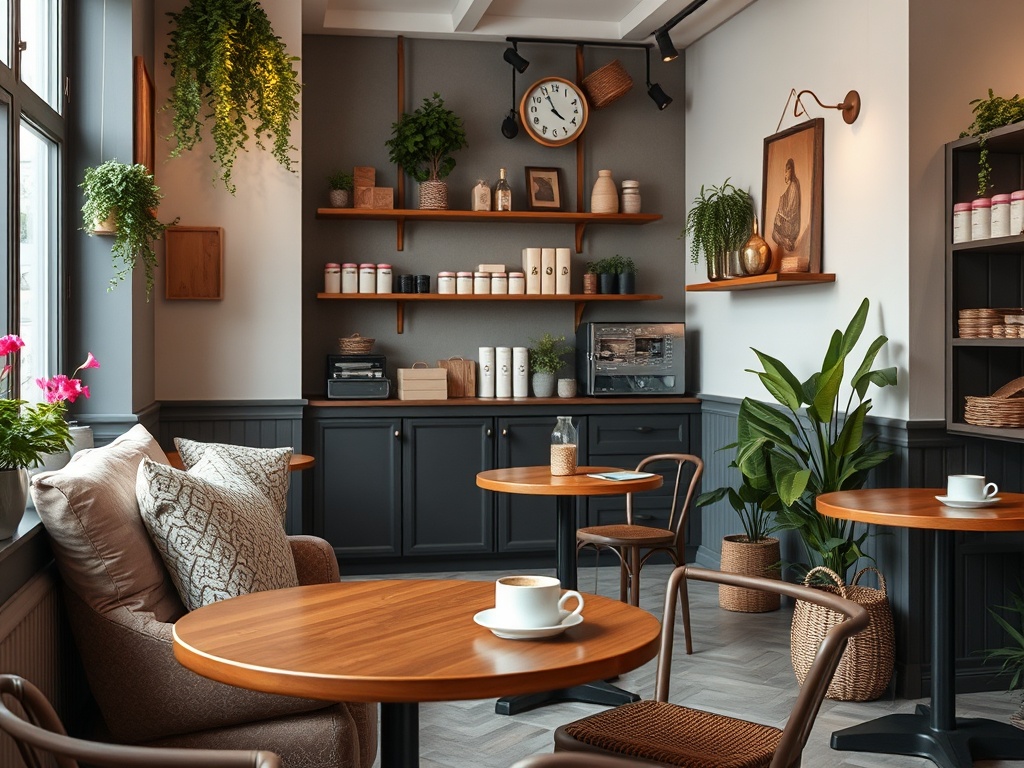 Уютное кафе с деревянной мебелью, зелеными растениями и стильным декором на стенах.