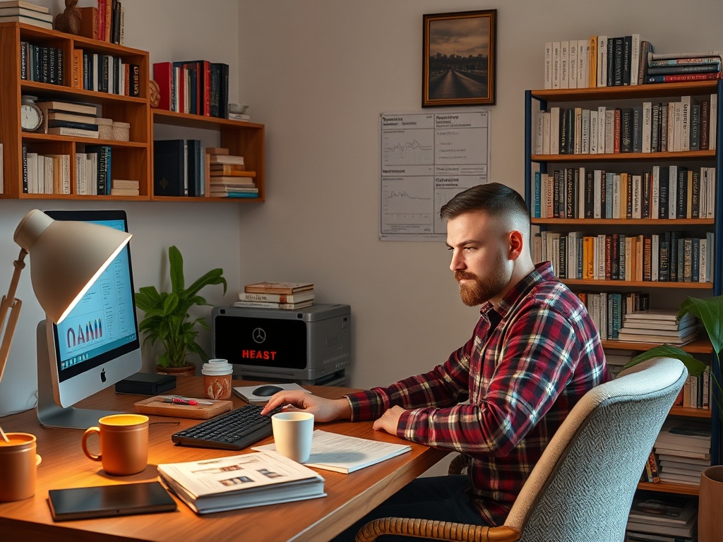 Человек работает за столом в уютном офисе, окруженный книгами и растениями. На компьютере графики и заметки.