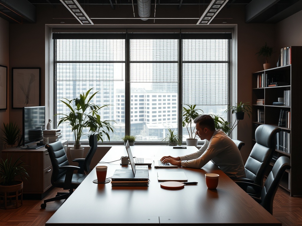 Мужчина работает за столом в офисе, окружённом растениями и современным интерьером. В окне вид на город.
