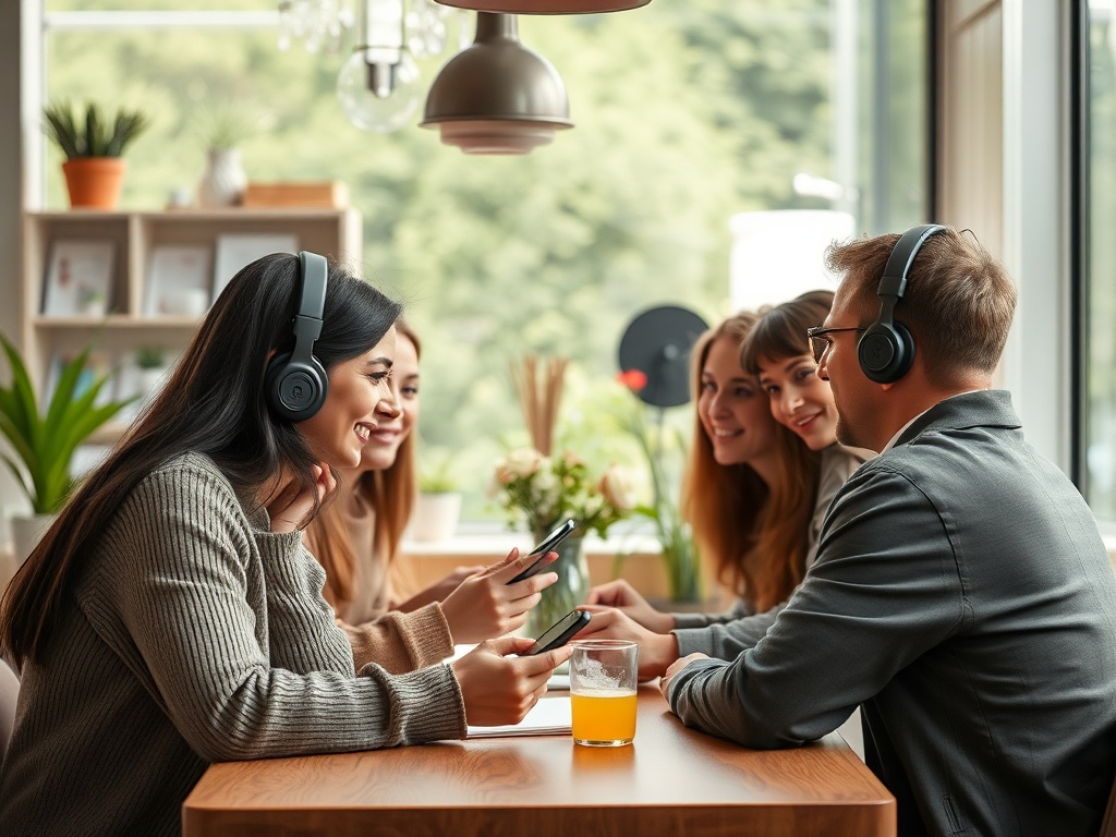 Компания друзей слушает музыку в уютном кафе, обсуждая что-то интересное и наслаждаясь напитками.