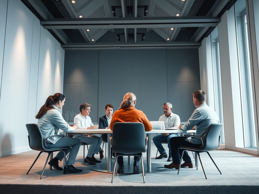 В современном офисе несколько человек ведут обсуждение за круглым столом. Атмосфера сосредоточенная и деловая.