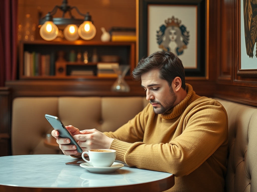 Мужчина в свитере сидит в кафе, смотрит на телефон, рядом чашка кофе на столе. Интерьер с книжными полками.