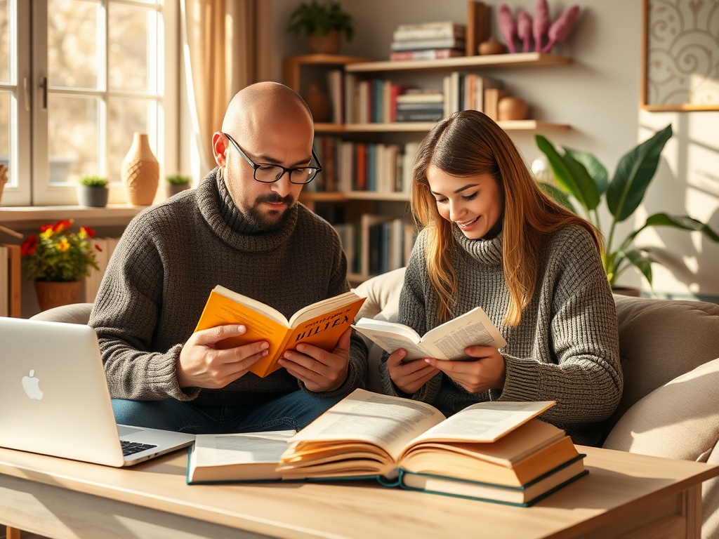 Два человека читают книги на уютном диване. Вокруг книги и ноутбук. Теплая атмосфера домашнего уюта.