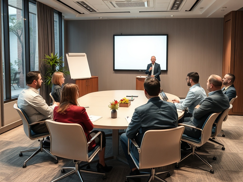 В конференц-зале группа людей слушает выступление ведущего. На экране – презентация.