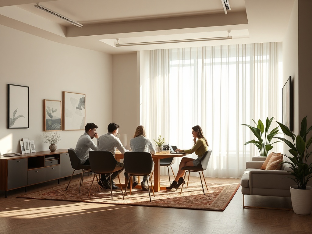 Четыре человека обсуждают что-то за круглым столом в светлом офисе с зелеными растениями.