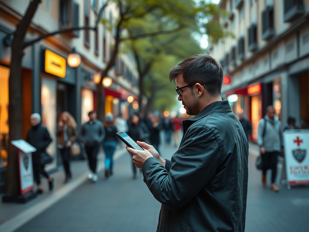 Мужчина в очках в сером пиджаке смотрит в телефон на проходной улице с людьми.