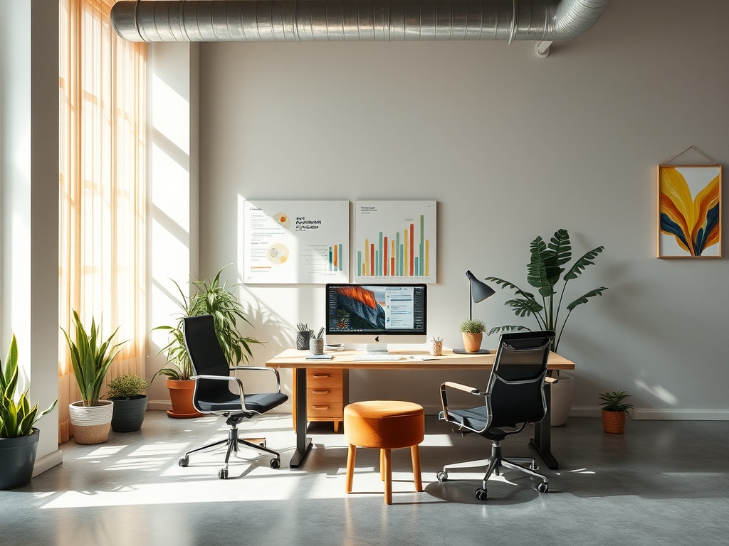 Современный офис с растениями, столом, компьютером и стульями, наполненный естественным светом.