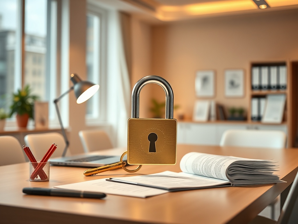 На столе в офисе замок с ключом, рядом документы и канцелярские принадлежности. Яркий свет и уютная атмосфера.