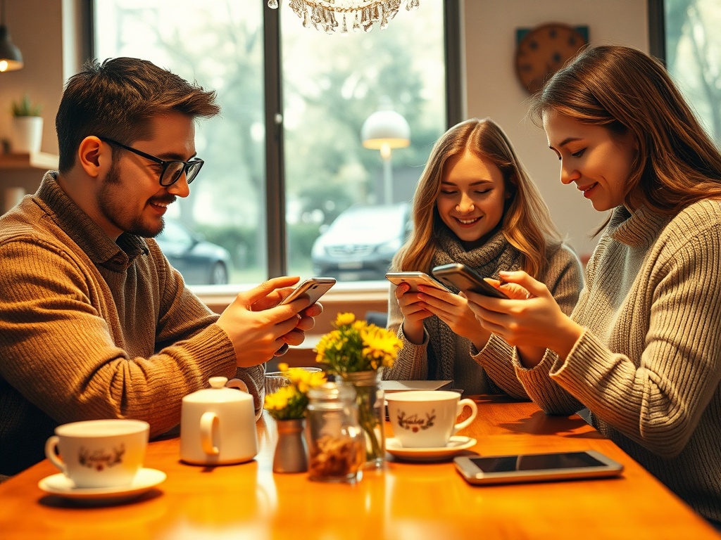 Трое друзей в кафе, сидят за столом, смотрят на свои телефоны и улыбаются. На столе чашки и цветы.