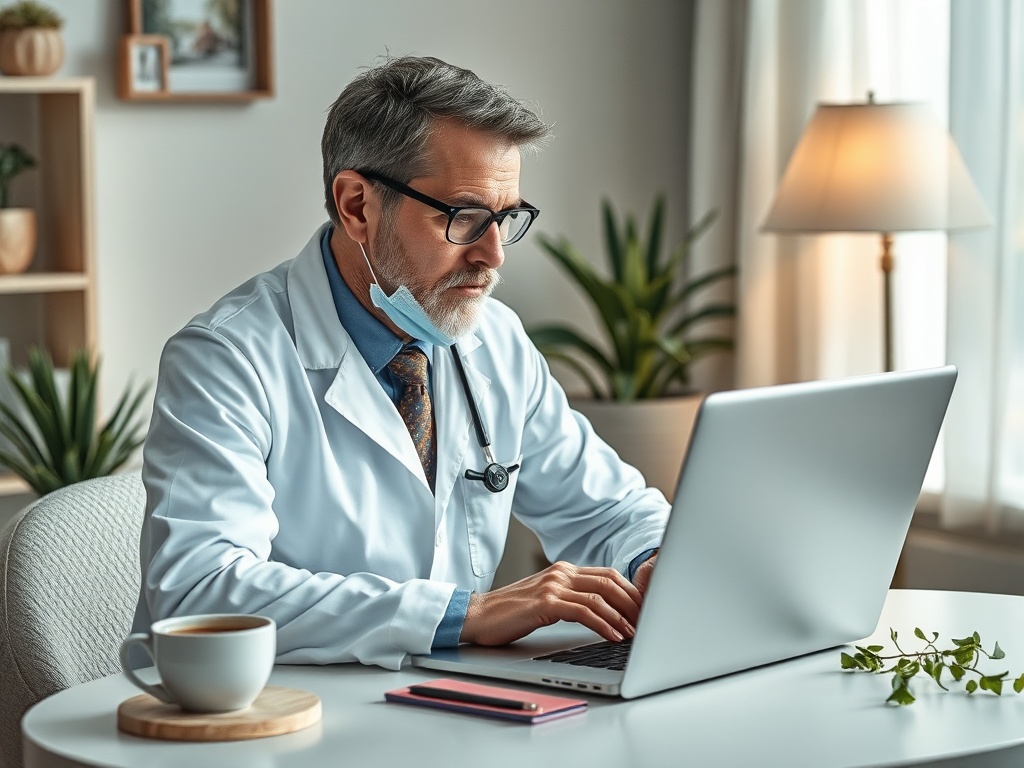 Врач в белом халате работает за ноутбуком в уютном кабинете, рядом чашка кофе и растения.