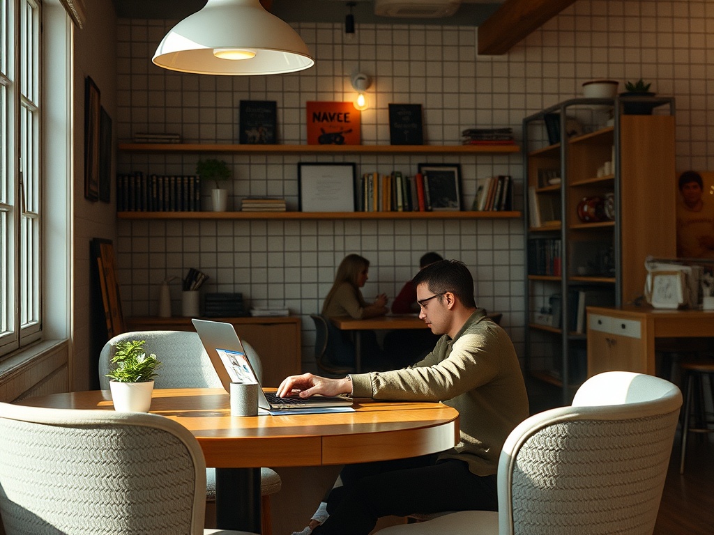 В уютном кафе человек работает за ноутбуком в сверкающем свете солнечного дня.