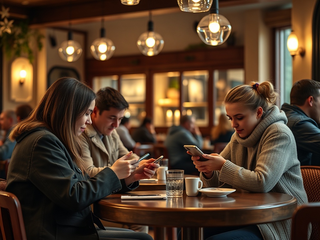 Три человека в кафе, поглощенные своими телефонами, наслаждаются атмосферой и напитками.