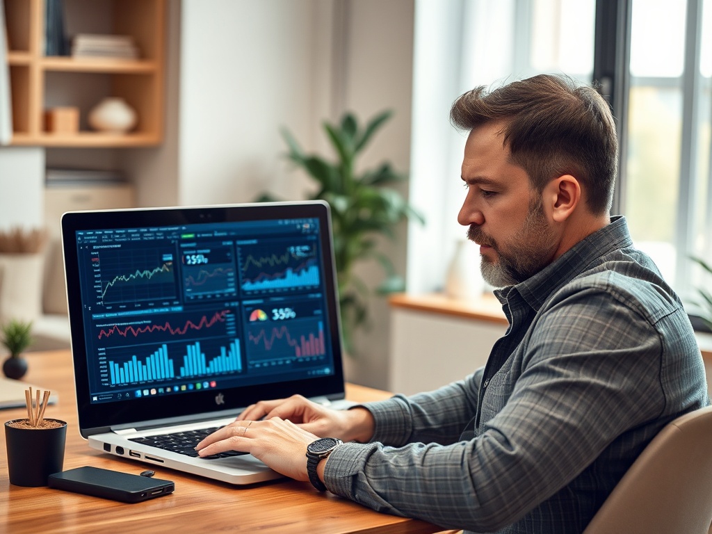 Мужчина работает за столом с ноутбуком, анализируя графики и данные на экране в современном офисе.