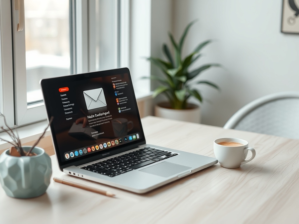 На столе стоит ноутбук с открытым приложением, рядом чашка кофе и зелёное растение в горшке.