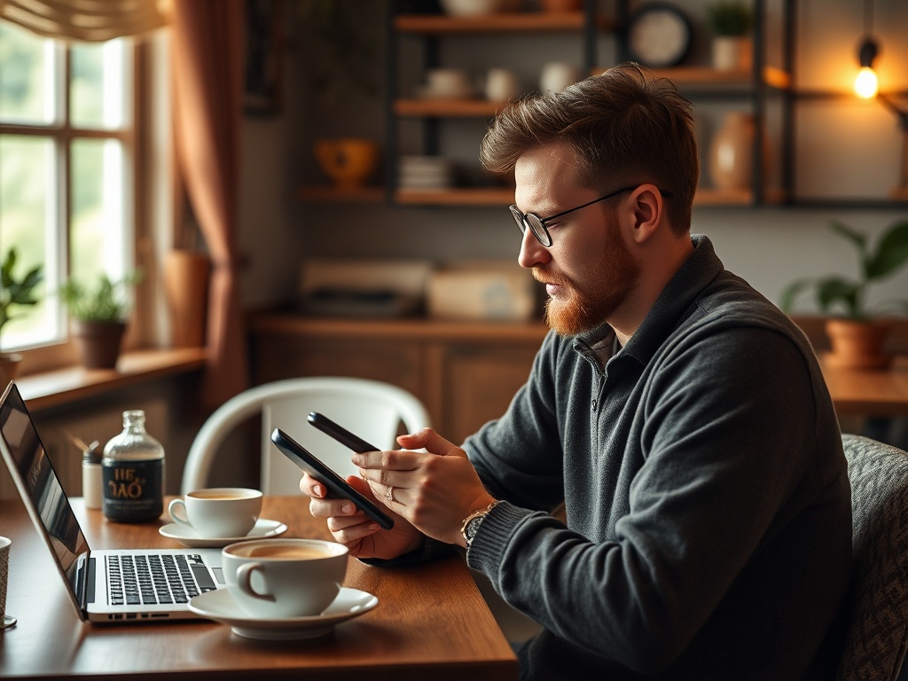 Мужчина с бородой работает за столом, используя смартфон и ноутбук, рядом чашки кофе и растительность.