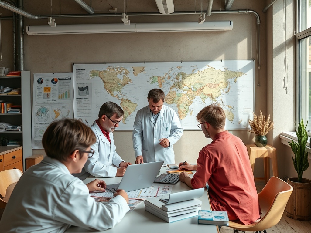 Группа людей в лабораториях обсуждает проекты за столом, на фоне карты мира и документов.
