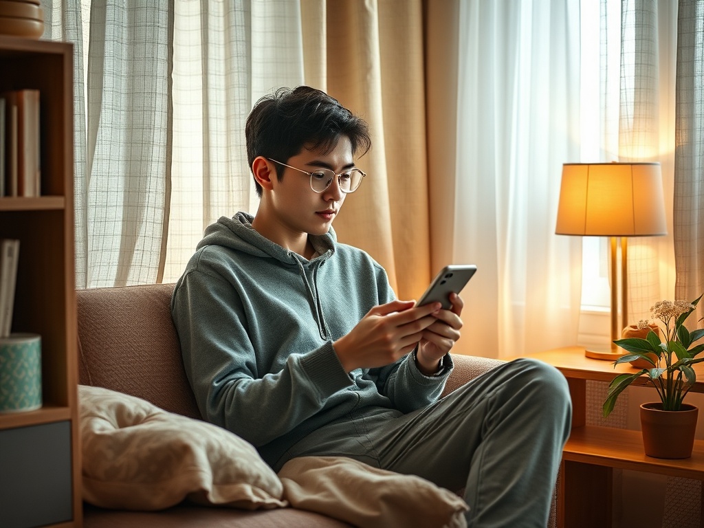Молодой человек в очках сидит на диване и смотрит на телефон в светлой комнате с растением.