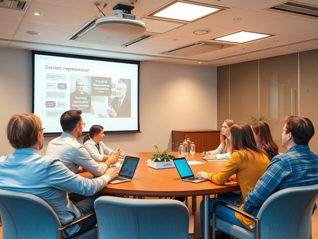 Собрание в офисе, участники обсуждают презентацию и обмениваются идеями за круглым столом.