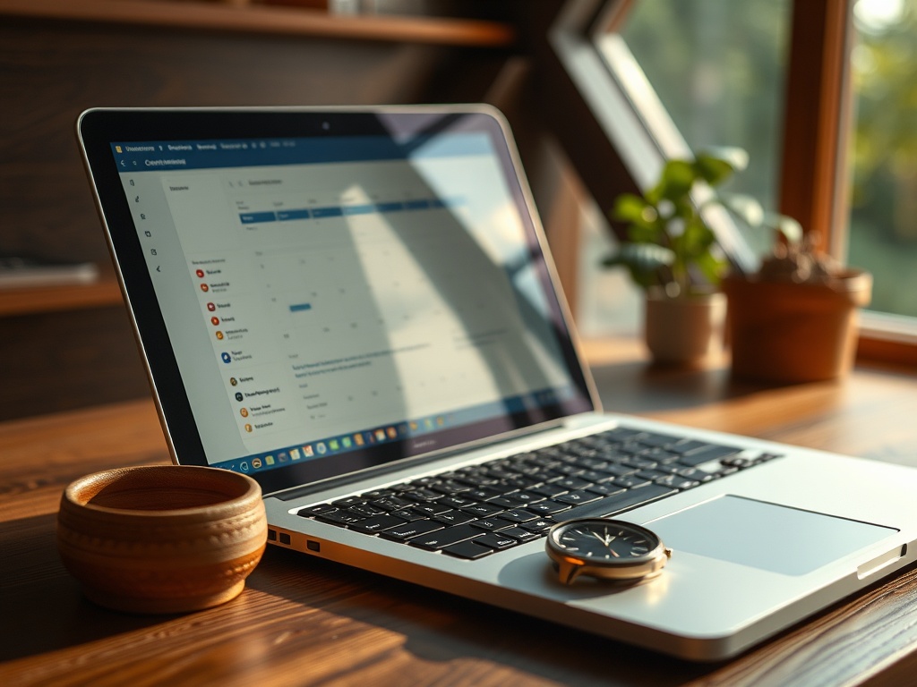 Ноутбук на деревянном столе с растением и чашкой, светит солнечный свет через окно.