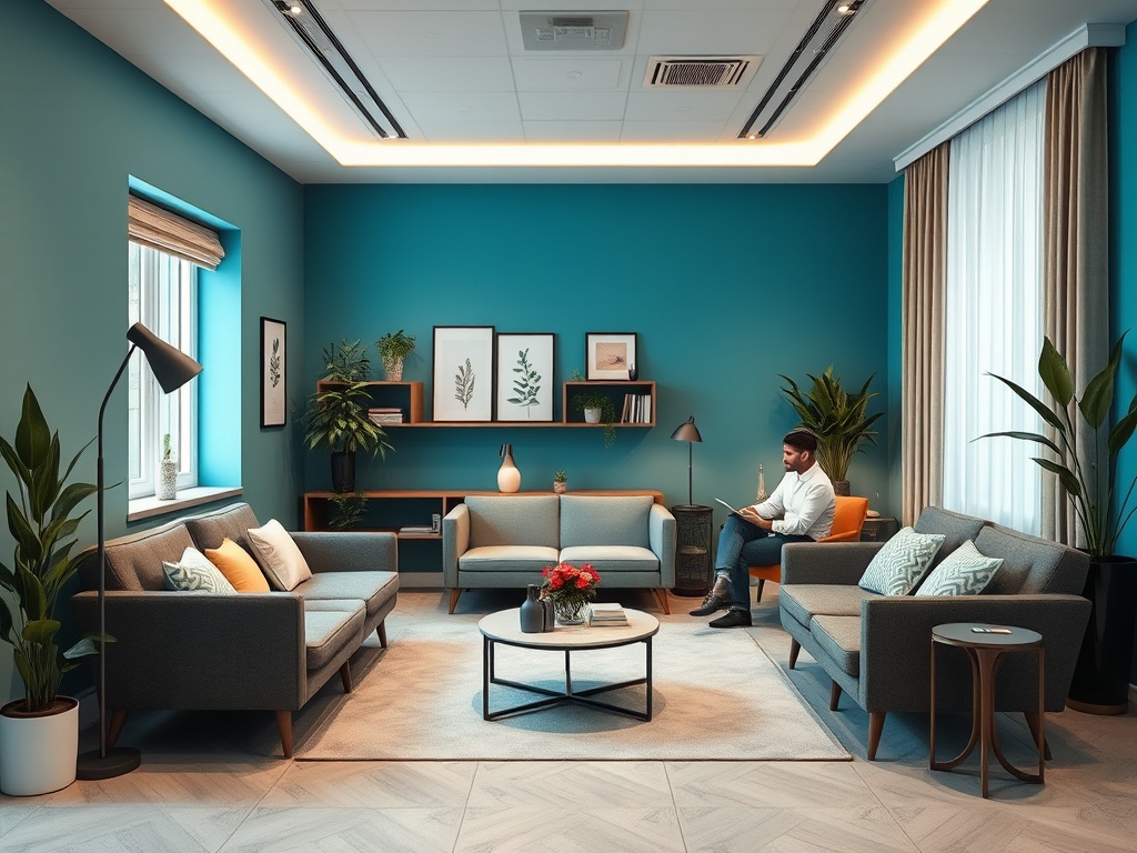 Современный уютный кабинет с синими стенами, мягкой мебелью и зелеными растениями. Человек читает книгу.