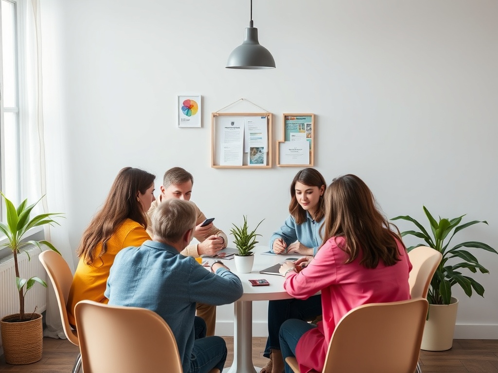 Группа людей обсуждает идеи за круглым столом в современном офисе с растениями и постерами на стенах.