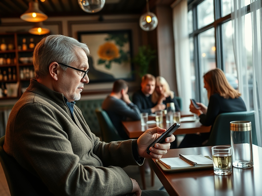 Старший мужчина с телефоном сидит в кафе, вокруг него группа людей, также смотрящих в телефоны.