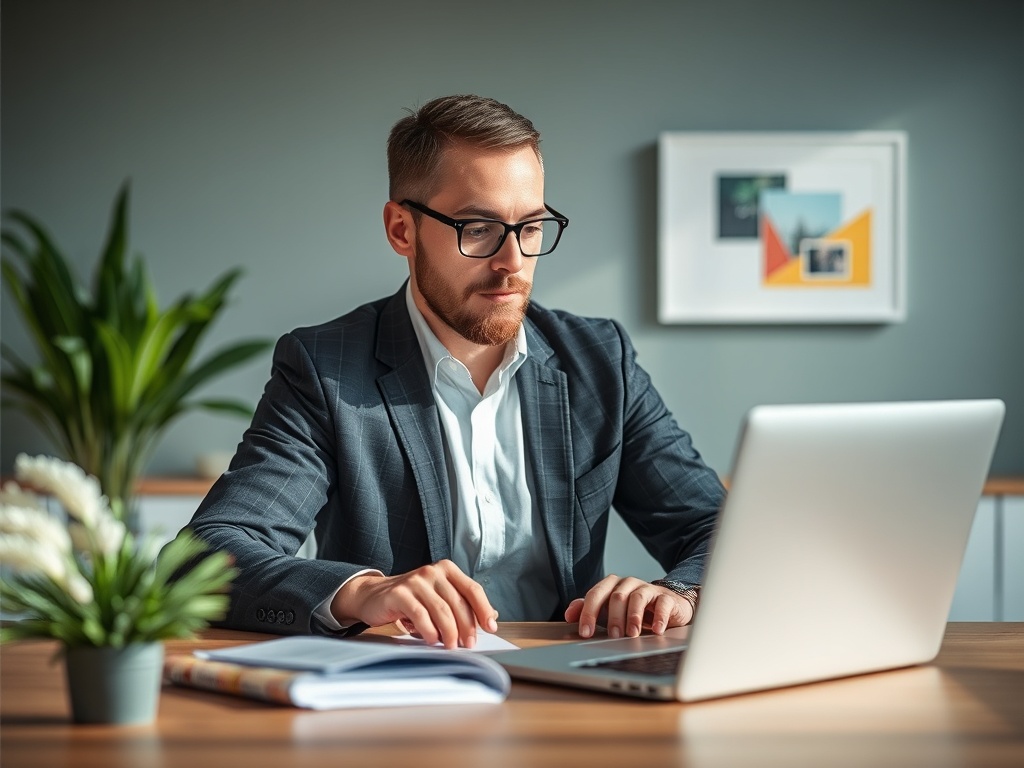 Мужчина в деловом костюме работает за ноутбуком в стильном офисе с зелеными растениями.