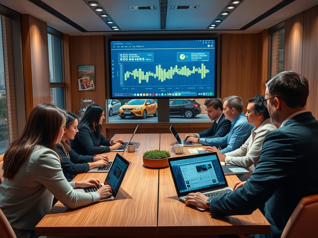 Группа людей в офисе проводит встречу, обсуждая данные на большом экране. Они работают на ноутбуках.