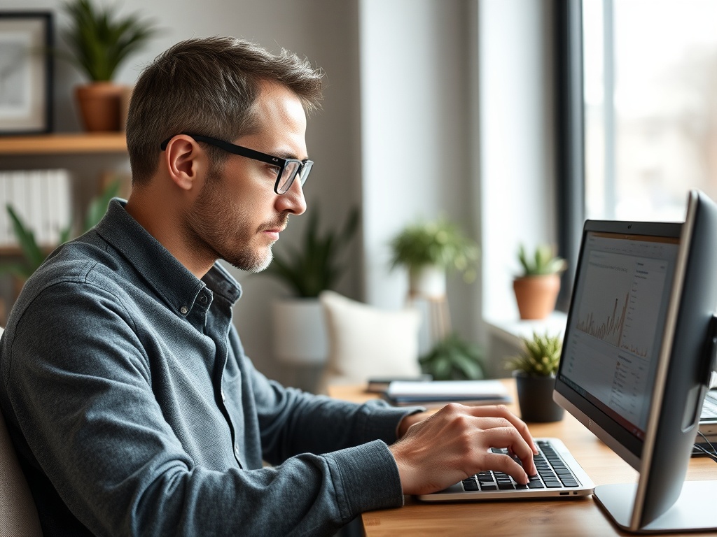 Мужчина в очках работает за компьютером, анализируя данные. Вокруг зелёные растения.
