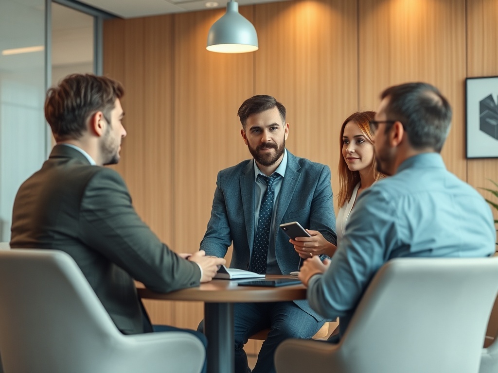 Четыре человека в бизнес-одежде обсуждают идеи за круглым столом в современном офисе.