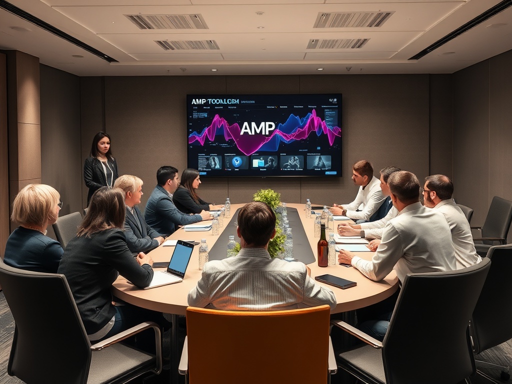 В конференц-зале команда обсуждает проект AMP, рядом большой экран с графиками и данными.