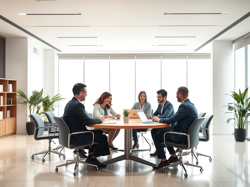 В конференц-зале работают несколько людей, обсуждая идеи у круглого стола с растениями вокруг.