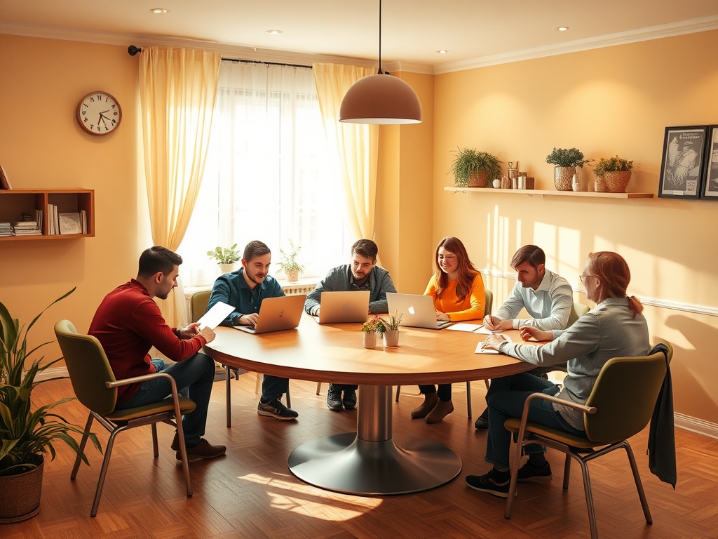 Группа людей обсуждает идеи за круглым столом в светлом офисе, используя ноутбуки и планшеты.