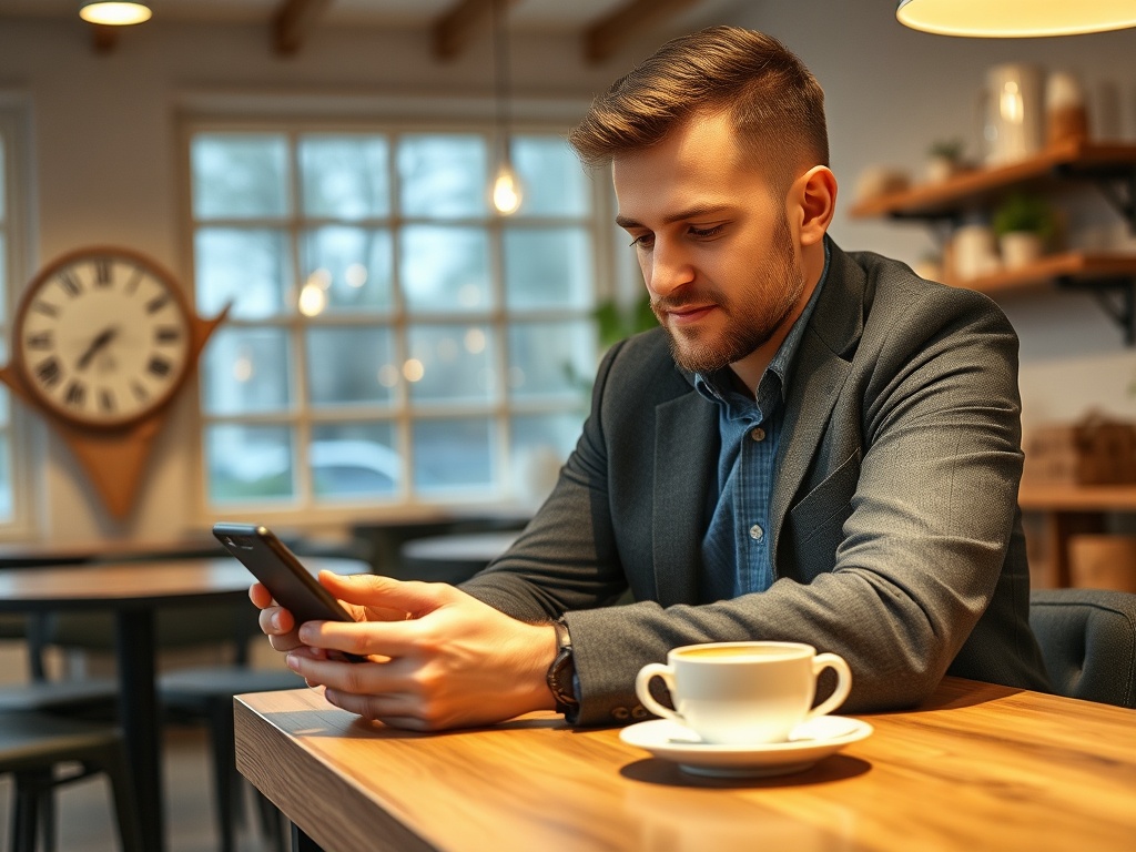 Молодой человек в костюме сидит в кафе, смотрит на телефон, перед ним чашка кофе.