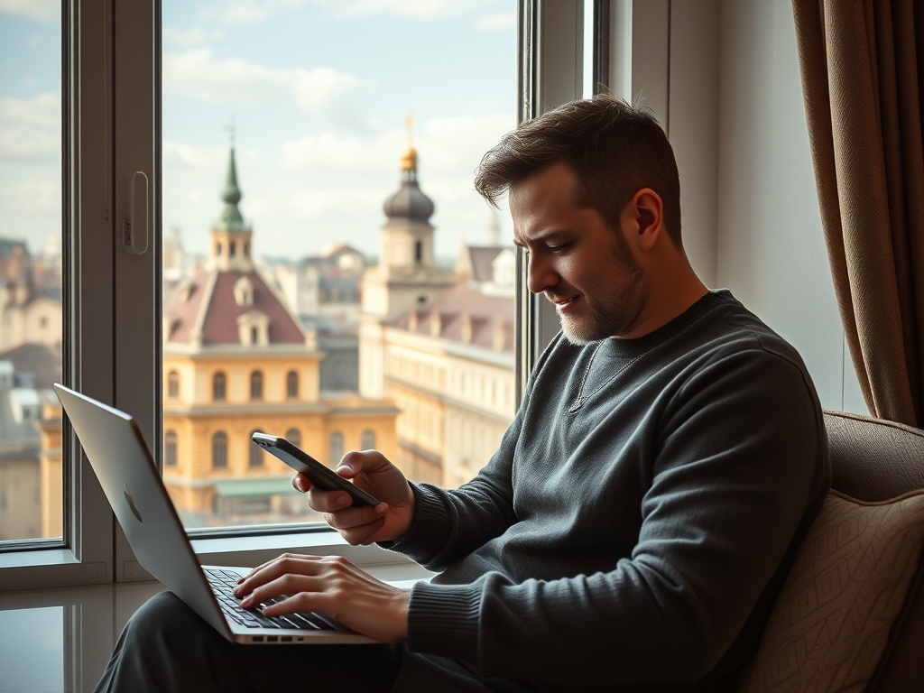 Мужчина сидит у окна, смотрит на телефон и печатает на ноутбуке, на фоне городского пейзажа.