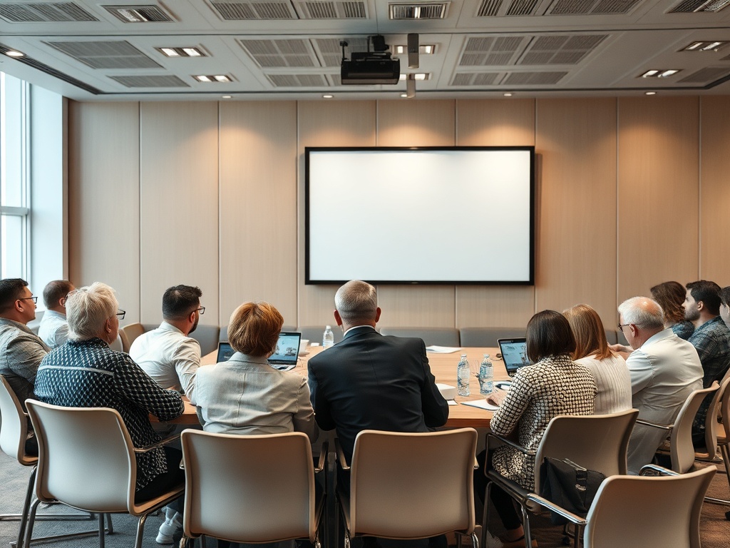 Группа людей на деловой встрече, обсуждающих идеи за круглым столом в конференц-зале.