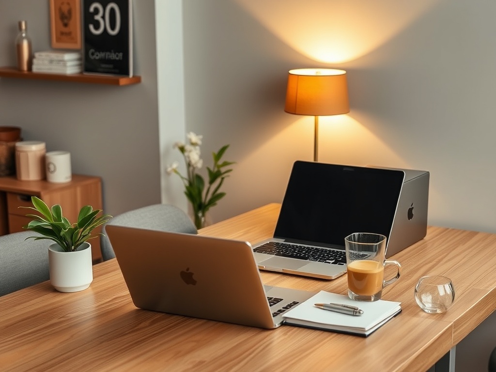 Стол с двумя ноутбуками, чашкой кофе, блокнотом и растением в уютном офисе с мягким освещением.