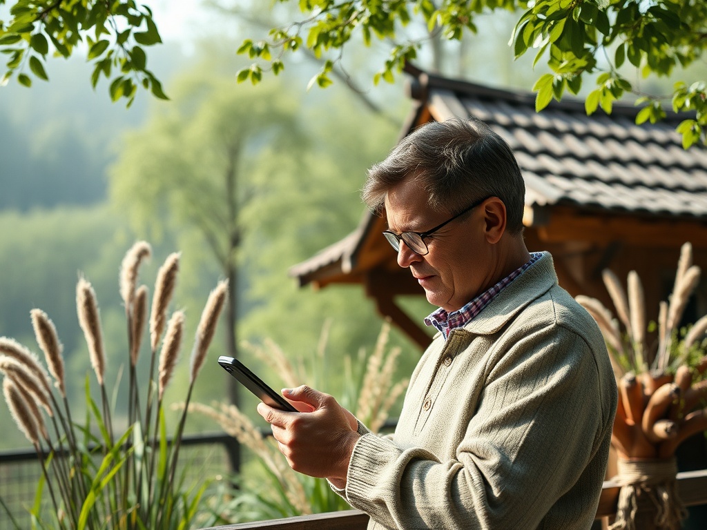 На фотографии мужчина среднего возраста с улыбкой использует смартфон на фоне природы.