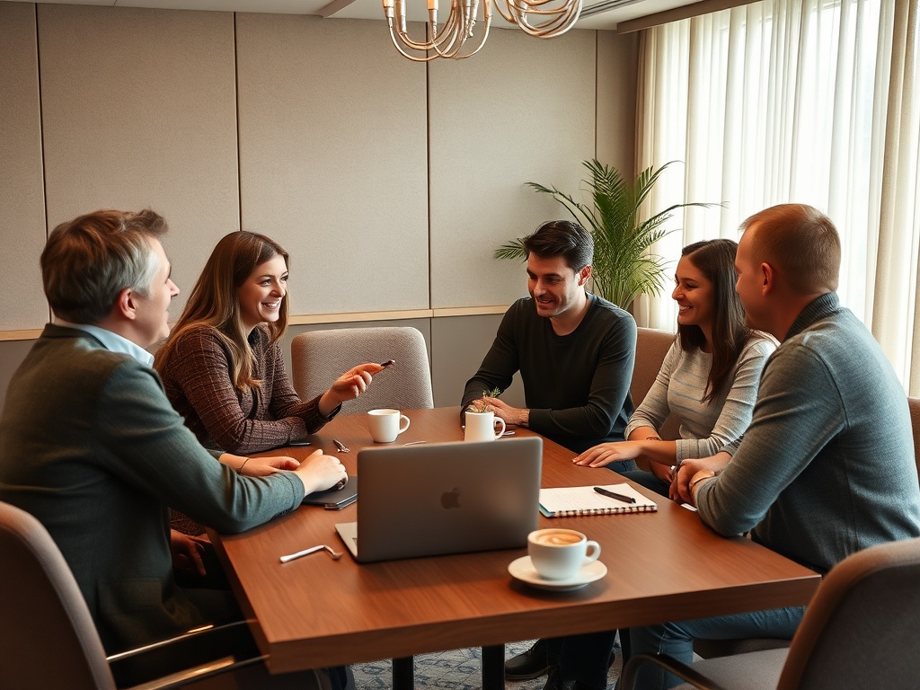 Группа людей обсуждает идеи за столом в офисе, с ноутбуком и чашками кофе на столе.