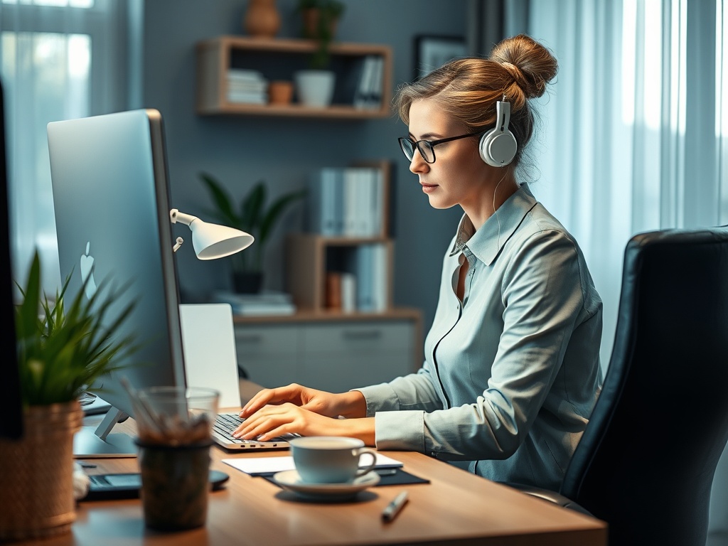 Женщина в наушниках работает за компьютером в уютном офисе, окруженном растениями и светлыми тонами.