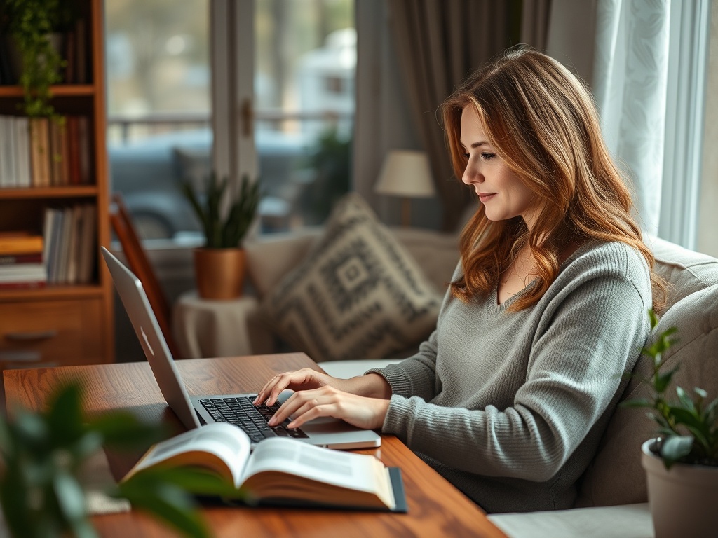 Женщина с длинными волосами работает на ноутбуке за столом в уютной комнате с растениями и книгами.