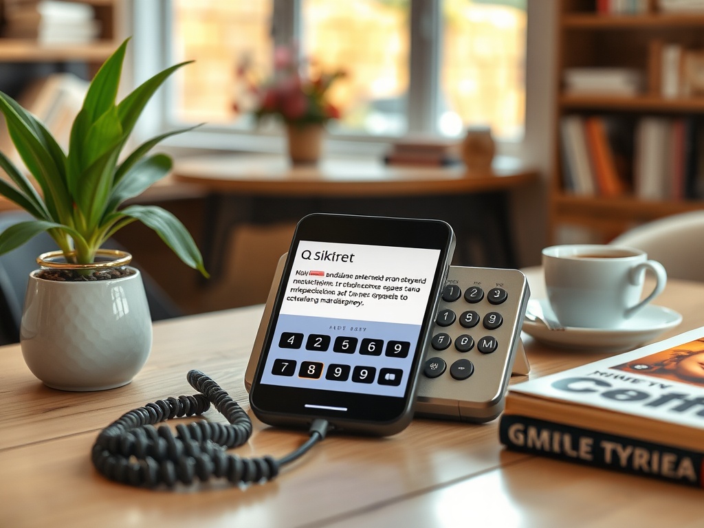 На столе телефон и смартфон с экраном, рядом растение и чашка кофе. На смартфоне отображается текст.