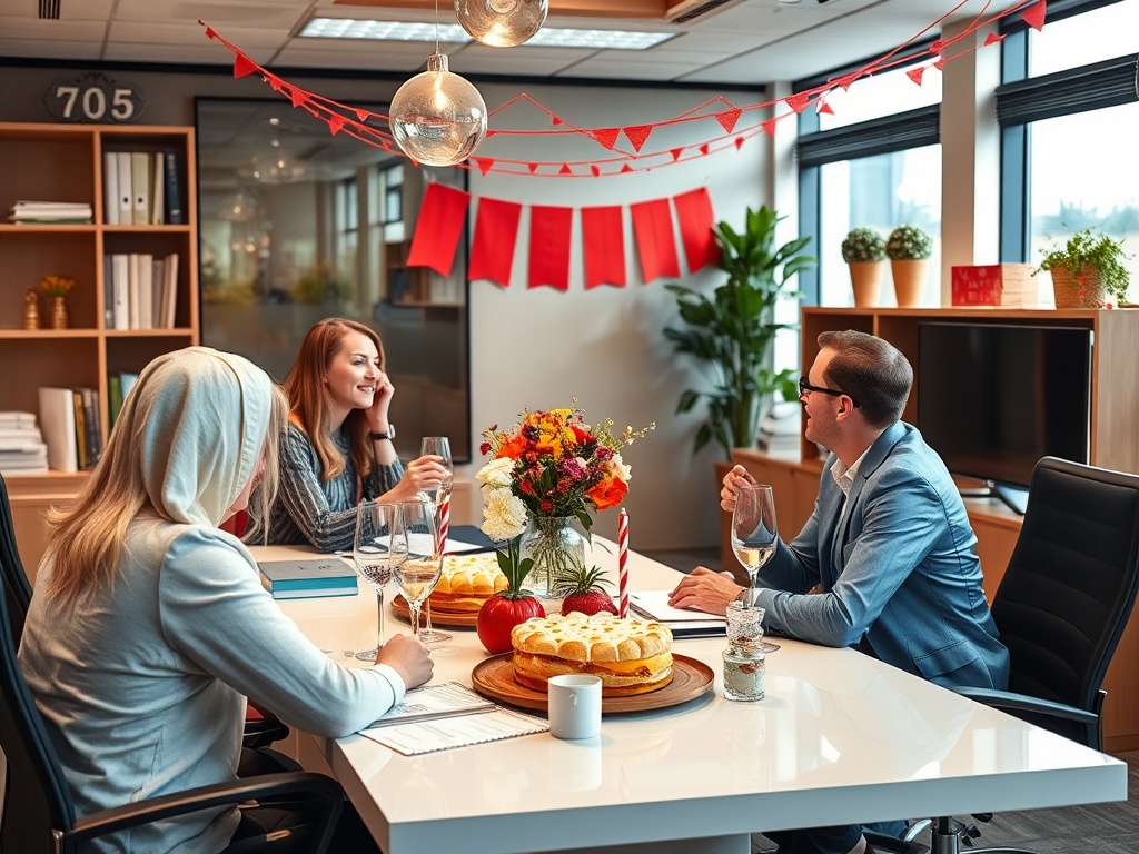 В офисе проходят торжественные встречи с угощениями, цветами и украшениями, создающими праздничную атмосферу.